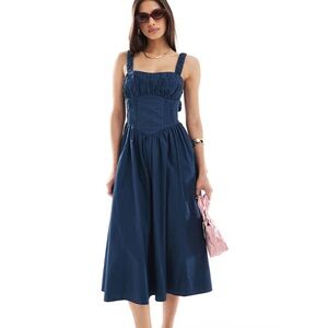 ASOS DESIGN lace up corset midi dress with full skirt in navy size 10